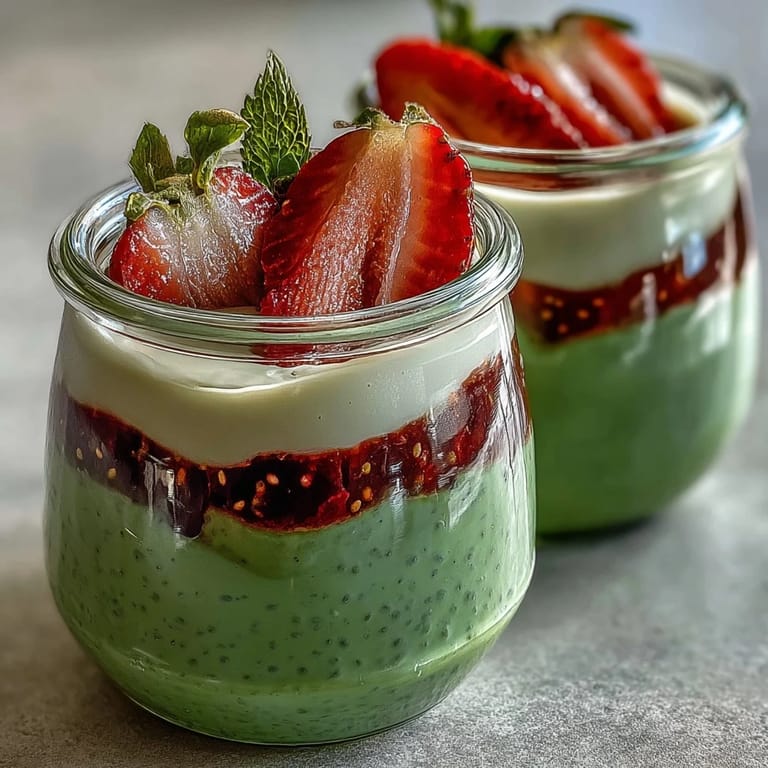 Beautiful layered chia pudding jars featuring strawberry and matcha layers, topped with fresh fruit and coconut for a stunning treat.