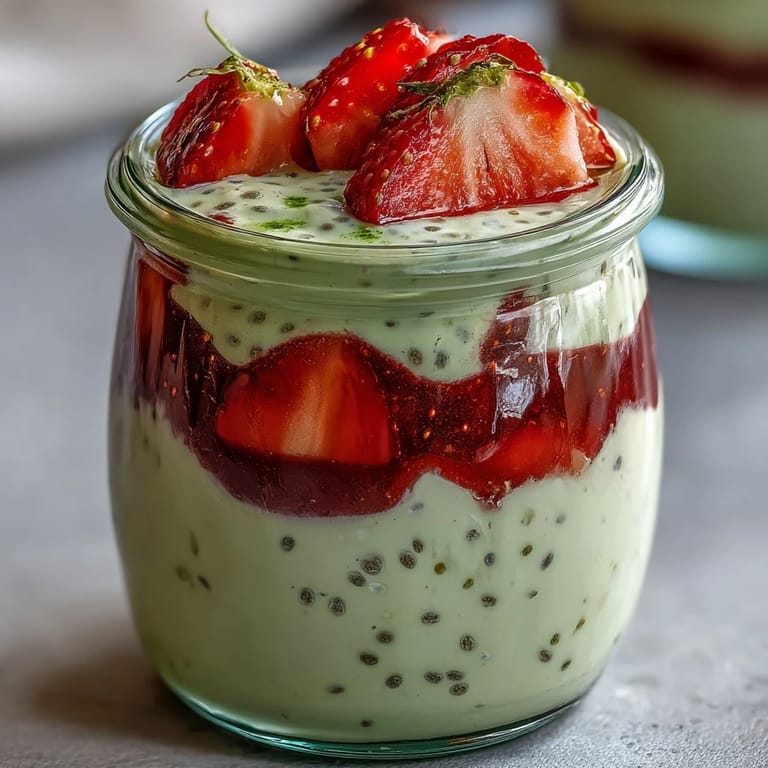 Refreshing strawberry matcha chia pudding jars with vibrant red and green layers, perfect for a healthy breakfast or snack.