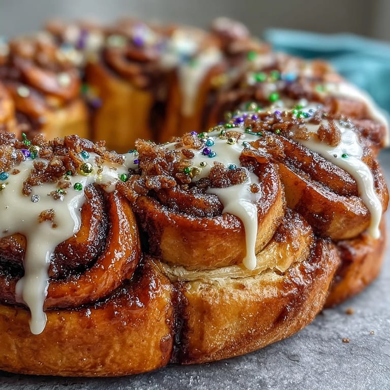 Warm cinnamon roll wreath baked to golden perfection, glazed with sweet icing, and sprinkled with traditional Mardi Gras colors for a festive dessert centerpiece.