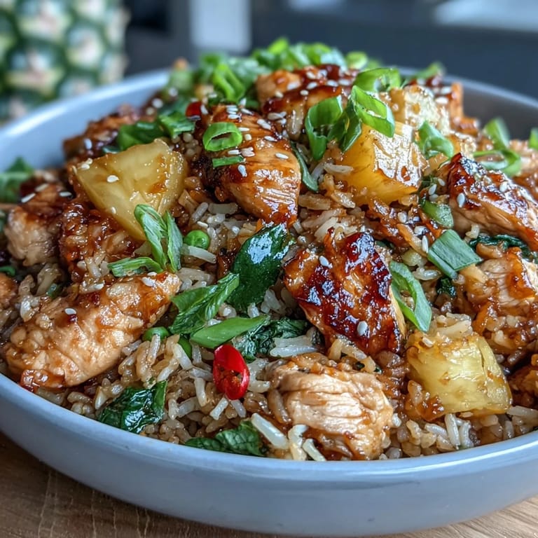 Aromatic sweet chili chicken pineapple fried rice stir-fried with fresh veggies and served in a hollowed-out pineapple.