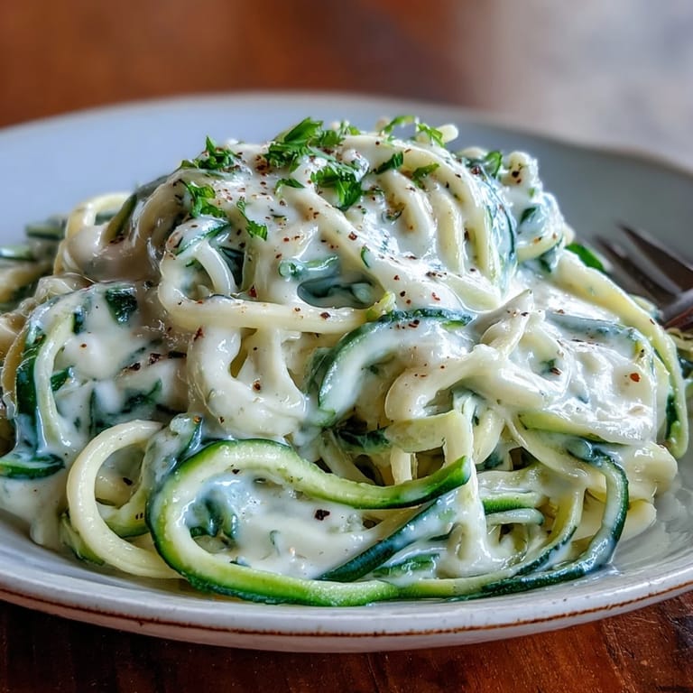 Velvety cottage cheese Alfredo sauce coats tender zucchini noodles, topped with fresh parsley for a nutritious dinner.