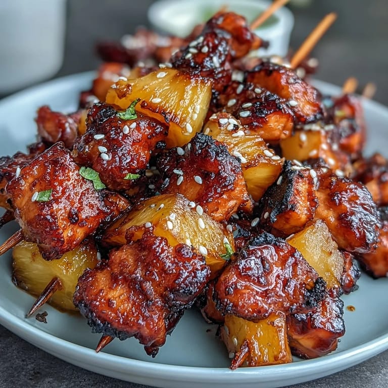 Savory-sweet chicken pineapple skewers air-fried to tender, caramelized bites—ideal for quick appetizers or party platters.