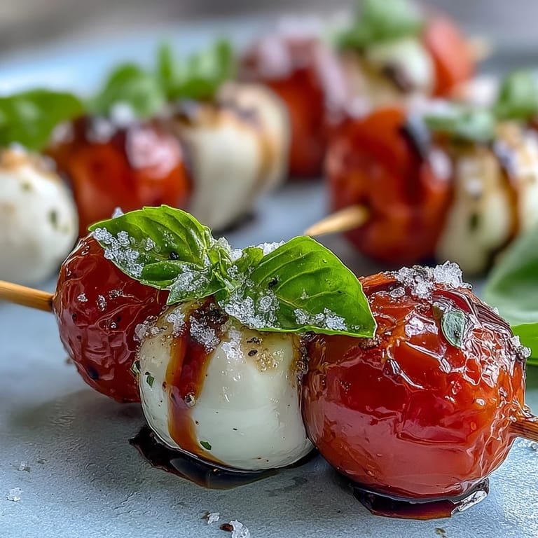 Elegant bridal shower appetizer featuring colorful Caprese skewers, showcasing juicy tomatoes, creamy mozzarella, and fragrant basil leaves.