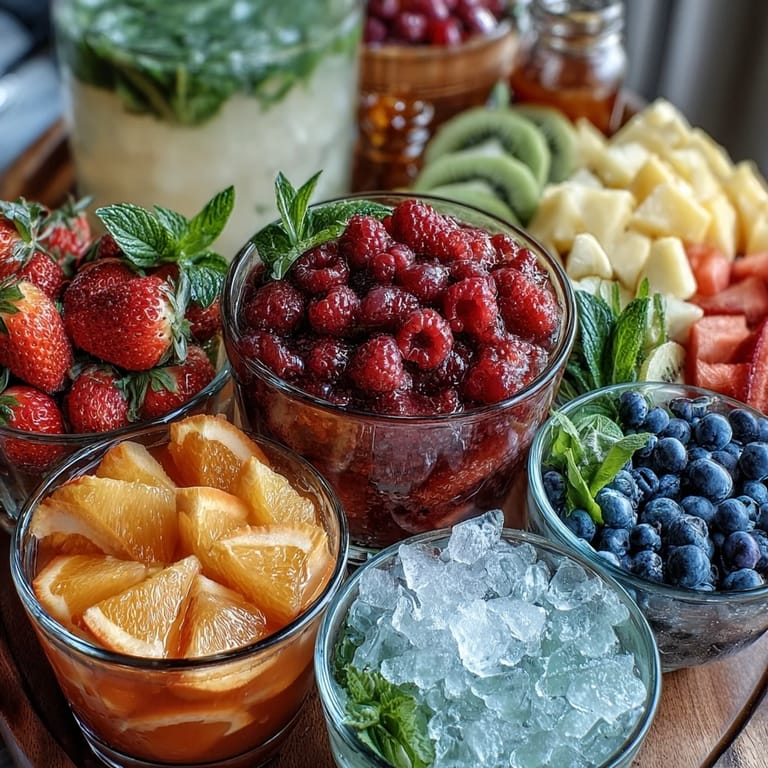 Guests enjoy a vibrant lemonade bar featuring fresh strawberries, blueberries, and mint for refreshing summer drinks.