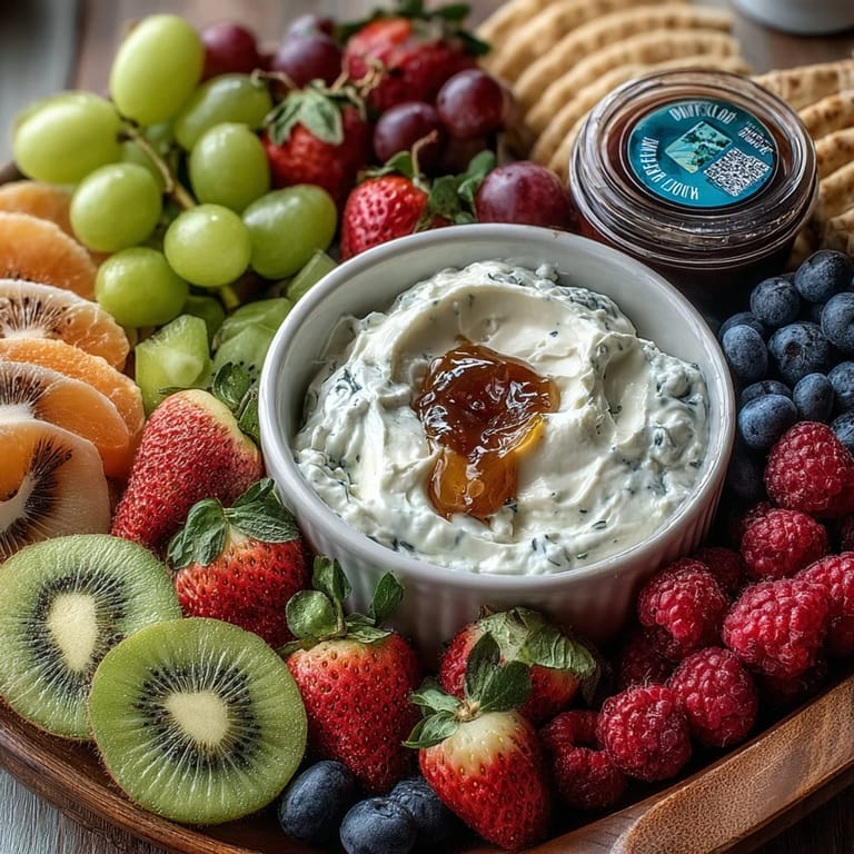 A vibrant spring fruit platter featuring fresh berries, pineapple, and kiwi in a flower design, served with honey-vanilla yogurt dip.