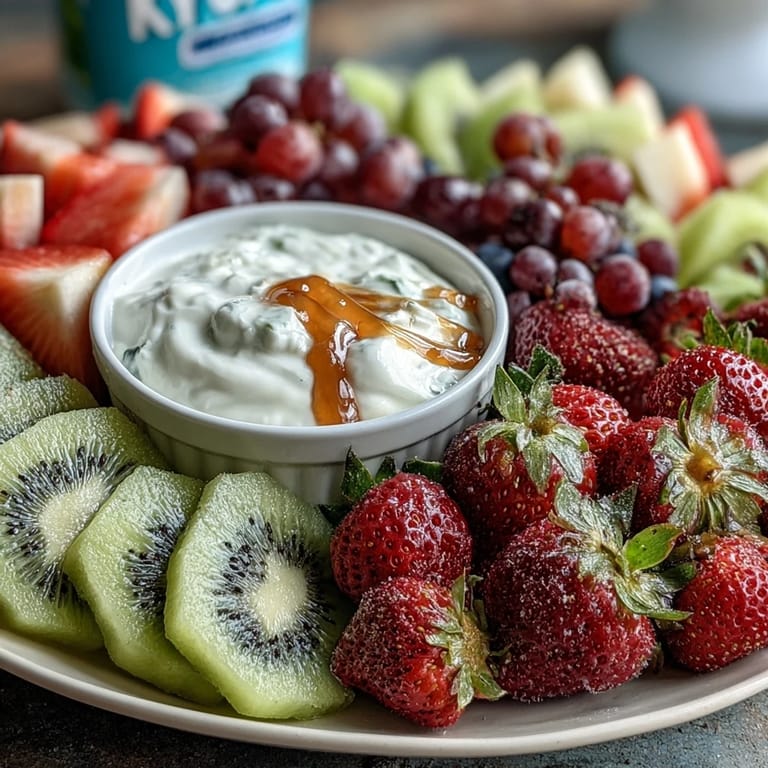 Fresh seasonal fruit artfully arranged in a blooming shape, paired with creamy Greek yogurt dip for a festive baby shower appetizer.