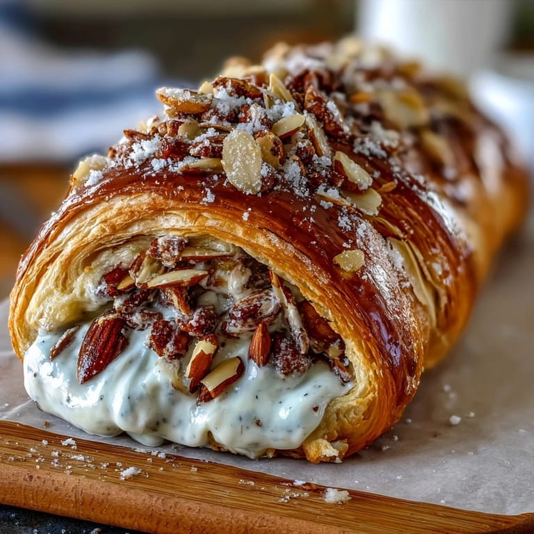 Almond croissant-style sourdough rolls with rich frangipane filling, baked to golden perfection and dusted with powdered sugar for an elegant breakfast treat.