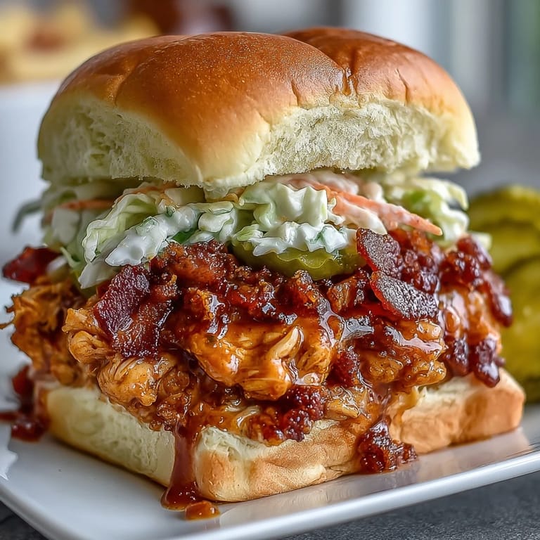 Savory shredded Mississippi chicken piled high on slider buns, finished with creamy coleslaw for a perfect party or family meal.