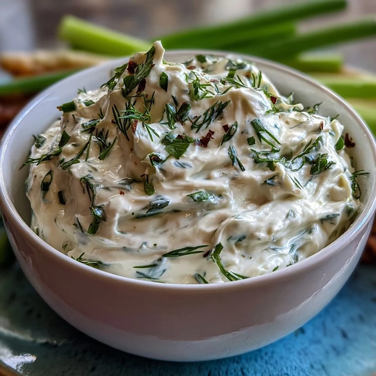 Protein-packed cottage cheese ranch dip with fresh herbs, paired with crisp carrots, cucumbers, and bell peppers.  