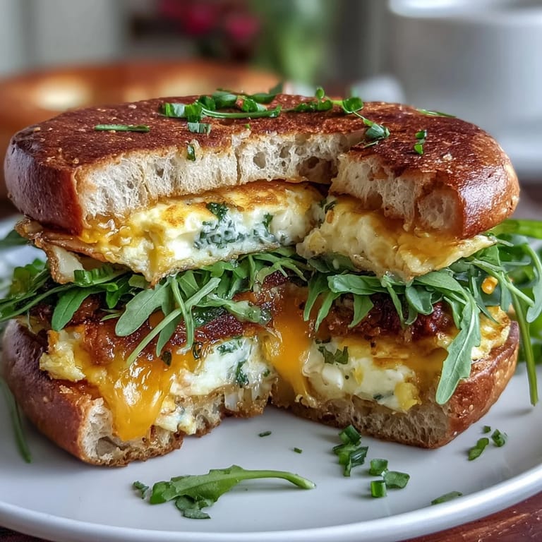 Golden bagels stuffed with creamy egg squares, melty cheese, and greens—perfect for meal prep and quick weekday breakfasts.