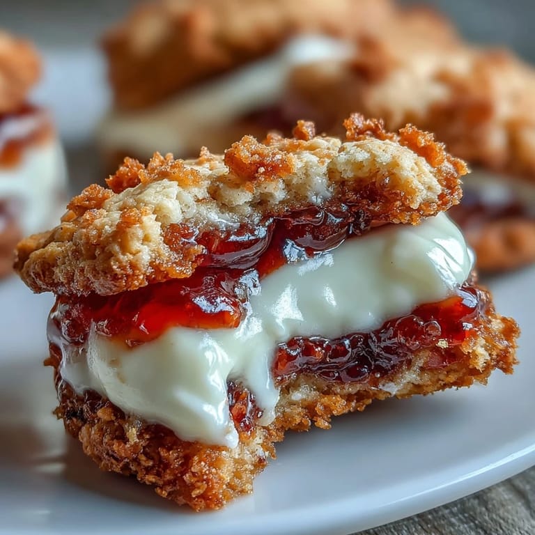Buttery shortbread cookies topped with a dollop of clotted cream and strawberry jam, offering a delightful British-inspired dessert.