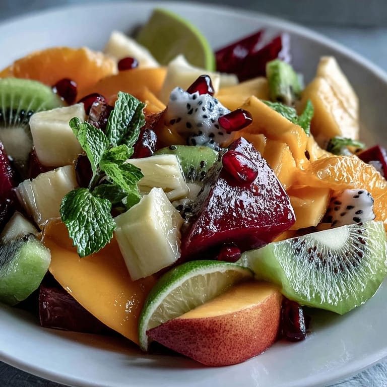 Tropical mango and pineapple centerpiece with fresh mint, grapes, and berries, served chilled for a refreshing treat.