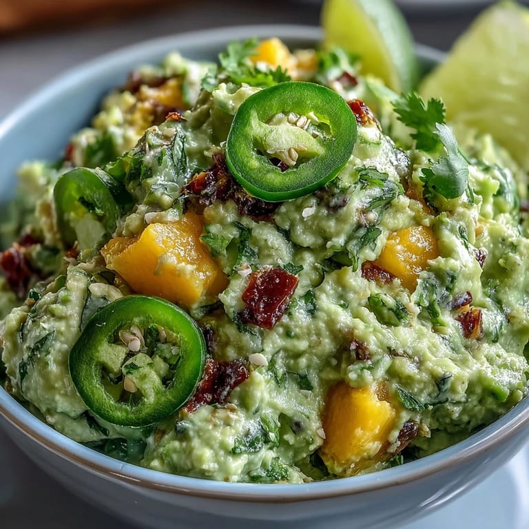 Festive guacamole with ripe mango and jalapeño, offering a sweet and spicy twist for Mexican-inspired appetizers.