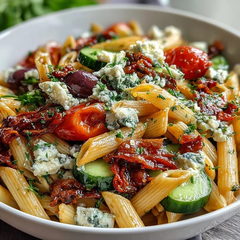 Vibrant Greek Pasta Salad with Olives and Feta, featuring juicy cherry tomatoes, crunchy cucumber, and creamy feta, drizzled with a red wine vinaigrette for a refreshing Mediterranean taste.