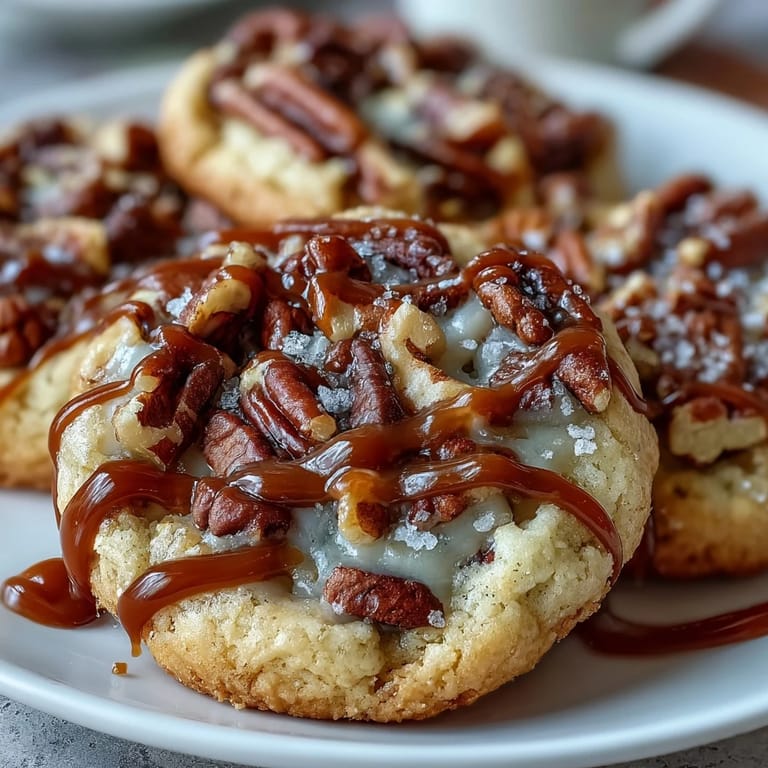ALT text: Warm butter pecan cookies loaded with toasted nuts and drizzled with luscious caramel, perfect for dessert.