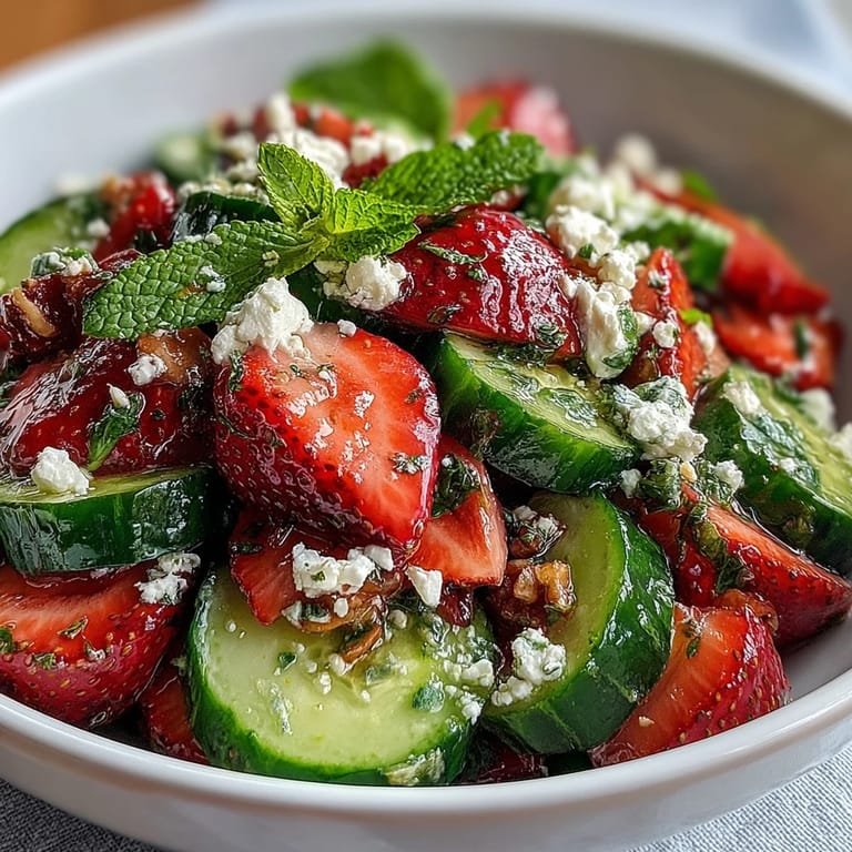 Spring Food Cucumber and Strawberry Salad with Mint: A vibrant medley of cool cucumber, sweet strawberries, and fragrant mint, perfect for light spring meals or picnics.