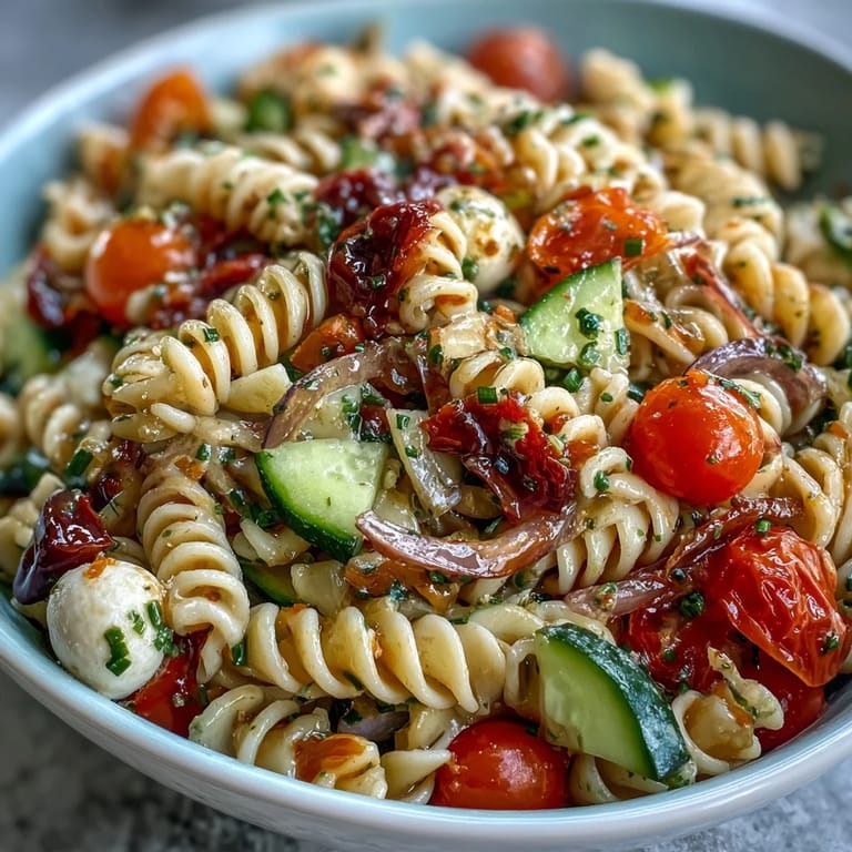 Fresh, chilled pasta salad with crisp vegetables and creamy mozzarella, tossed in bold Italian dressing for a refreshing side dish.  