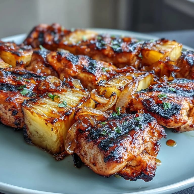 Tropical pineapple chicken skewers with colorful bell peppers, charred to smoky perfection on the grill.  