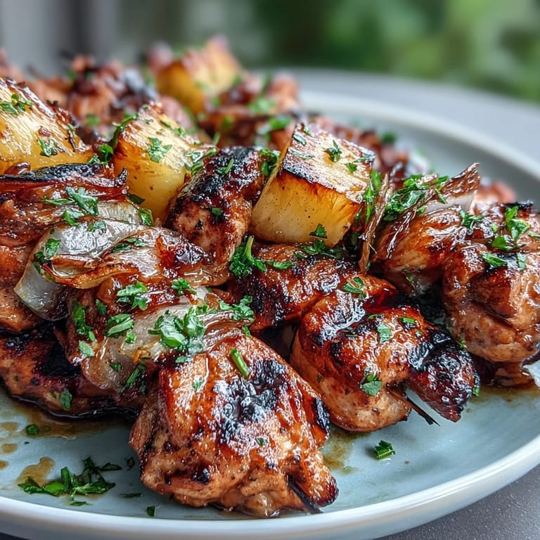 Sweet and savory pineapple chicken skewers, marinated in honey-lime sauce and grilled until caramelized.