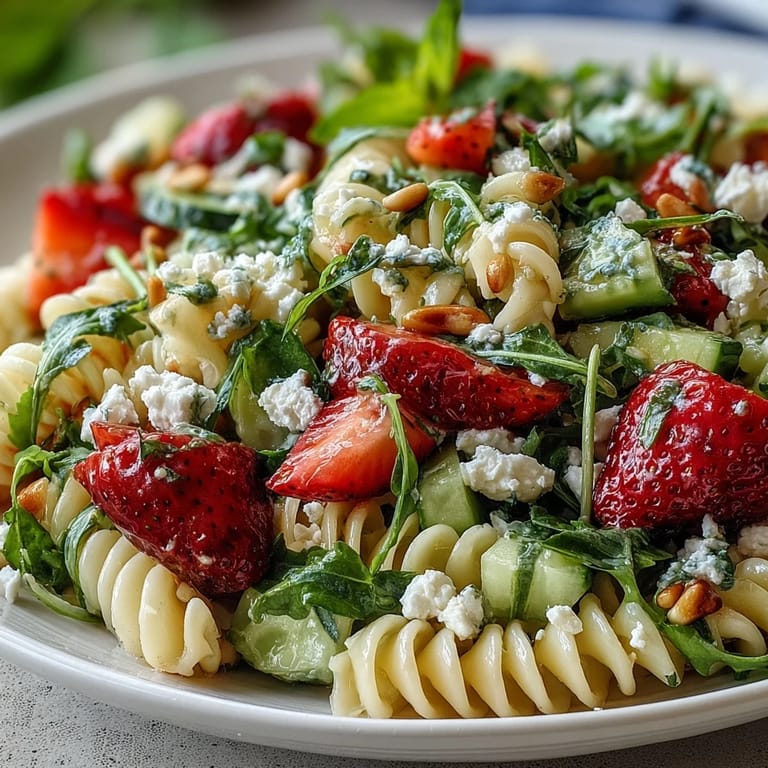 Light and refreshing spring pasta salad with strawberries, feta, and arugula, perfect for picnics or a bright lunch.
