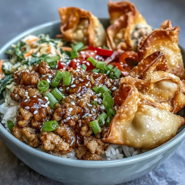 A fork holds a perfect bite of Crispy Baked Egg Roll Chicken, mixing savory ground chicken, sautéed cabbage, and crispy wontons over fluffy white rice.