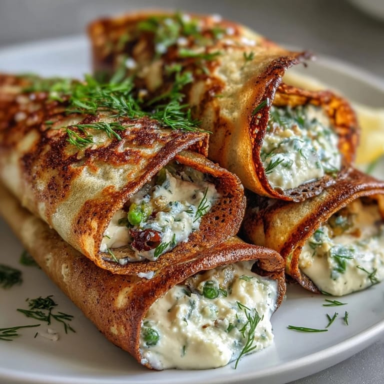 Savory buckwheat crepes with seasonal asparagus, sugar snap peas, and zucchini, rolled with tangy goat cheese and ricotta filling.