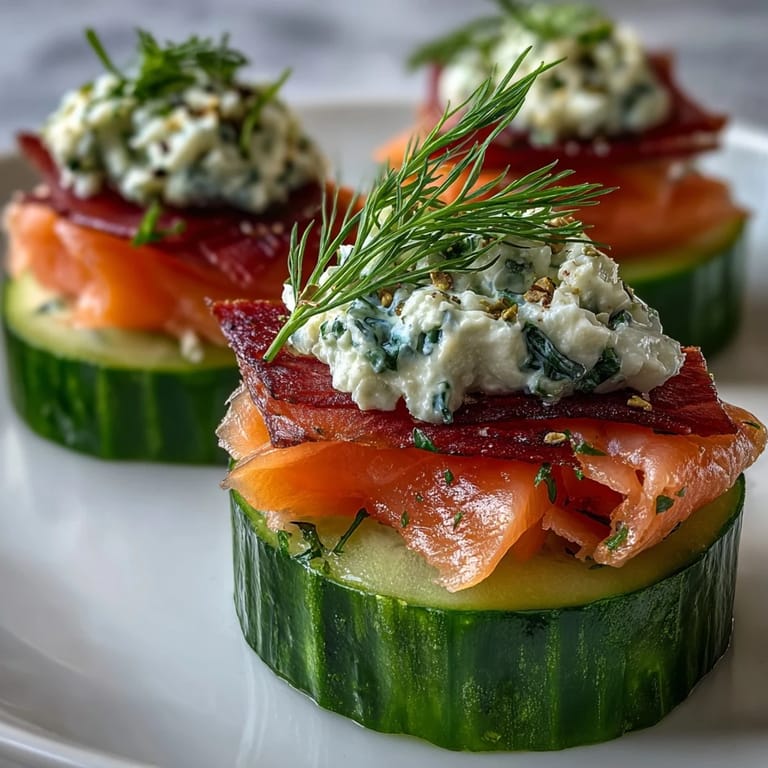 Elegant Smoked Salmon Cucumber Bites: Fresh cucumber rounds layered with creamy cheese spread and delicate smoked salmon, ideal for parties or brunch.  