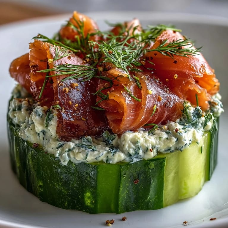 Smoked Salmon Cucumber Bites: Refreshing cucumber appetizers topped with smooth herbed cream cheese and premium smoked salmon, garnished with fresh dill.