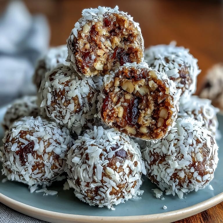 Vegan carrot cake bliss balls rolled in coconut, featuring cozy cinnamon and nutmeg flavors in every bite.