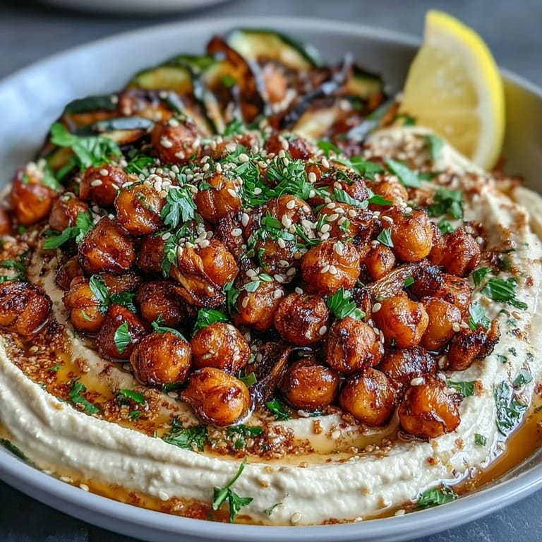 Golden, crispy chickpeas paired with smoky grilled vegetables and creamy hummus, topped with fresh parsley and sesame seeds for added crunch.  
