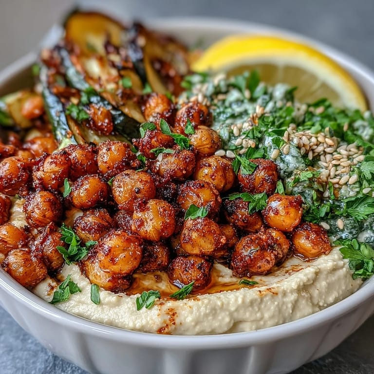 A hearty Mediterranean-inspired bowl featuring spiced chickpeas, tender grilled peppers, and smooth hummus, finished with a squeeze of lemon for brightness.