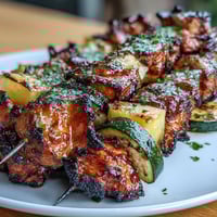 Honey-lime grilled chicken skewers with zucchini and pineapple, charred to perfection and bursting with citrusy sweetness.  