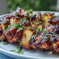 Juicy grilled chicken and sweet pineapple skewers with bell peppers, perfect for summer cookouts.  