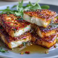 Crispy pan-seared halloumi drizzled with sweet and spicy chili-infused honey, served on fresh arugula.
