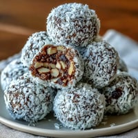 Wholesome carrot cake bliss balls with grated carrots, walnuts, and warming spices, perfect for a healthy snack.  