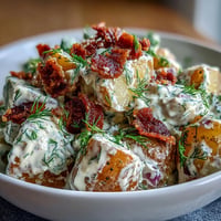 Memorial Day Potato Salad with dill and bacon, beautifully garnished.