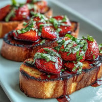 Colorful Strawberry Balsamic Bruschetta bursts with fresh flavors on grilled sourdough.